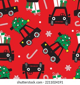 Cartoon cars with christmas tree and gifts seamless pattern. Print for boys t shirt. Vector illustration.