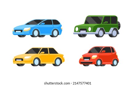 Caricatura Colección de iconos de los coches. Ilustración vectorial en estilo plano. Concepto de transporte de coches y vehículos. Aislado sobre fondo blanco. Conjunto de modelos diferentes de automóviles