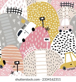 Cartoon cars on hills childish seamless pattern. Great for fabric, textile, apparel, wallpaper. Vector girly kids  texture with creative cars.