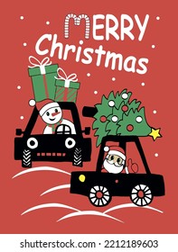 Cartoon cars with Santa, Snowman, christmas tree and gifts. Print for boys t shirt. Vector illustration.