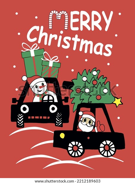 Cartoon cars with Santa,\
Snowman, christmas tree and gifts. Print for boys t shirt. Vector\
illustration.