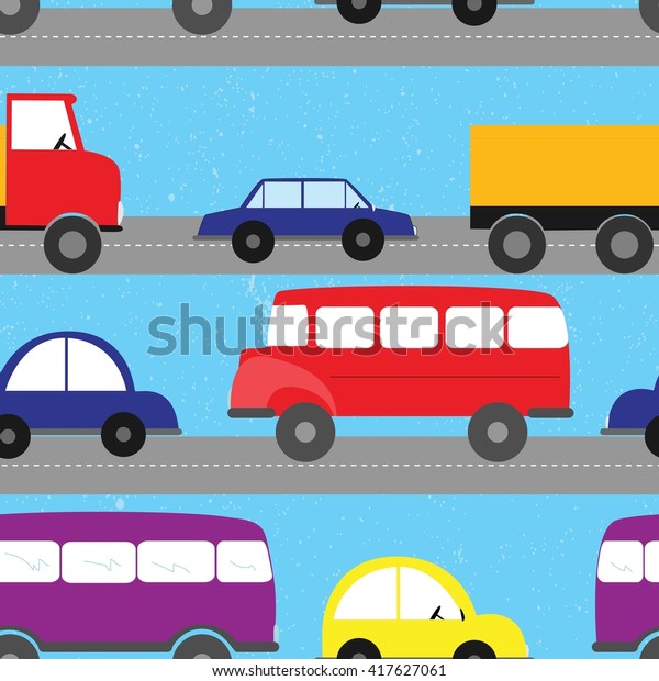 Cartoon cars\
seamless pattern. Kids\
background.