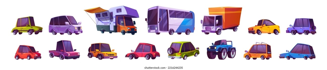 Cartoon cars set, modern automobiles, bus, monster truck, lorry, cafe on wheels, refrigerator transportation modes. Isolated auto vehicles with sedan or hatchback cab Cartoon vector illustration