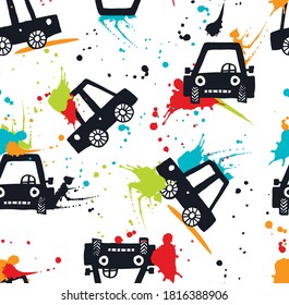 Cartoon cars and splashes seamless pattern. Print for boys t shirt. Vector illustration.