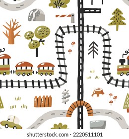 Cartoon cars, train and city road map. Cute childish background. Urban transportation with road signs. Vector seamless print. Kid backdrop for textile, fabric, paper, games, play mat