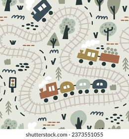 Cartoon cars, train and city road map. Cute childish card. Vector seamless print. Kid backdrop for textile, fabric, paper, games, play mat