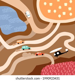 Cartoon cars travel on different roads. Lake, village and garden. An unusual body of water. City map in cartoon style. A helicopter is flying over the roads. The water exit is depicted.