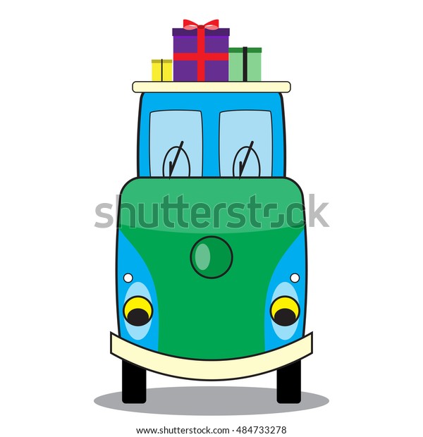Cartoon cart with gifts box. Christmas car\
transportation, vector\
illustration