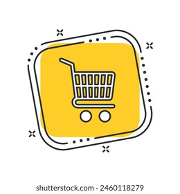 Icono de Carrito de dibujos animados Ilustración vectorial. Icono de Carrito de compras sobre fondo cuadrado amarillo aislado. Concepto de signo de supermercado.