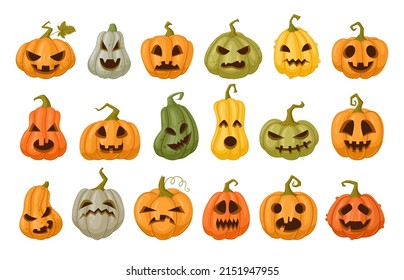 Cartoon carved halloween pumpkin faces, scary pumpkins characters. Halloween holiday spooky ghost faces, jack-o-lanterns vector symbols illustrations set. Spooky autumn pumpkins