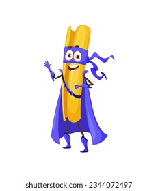 Cartoon casarecce pastas italianas comida súper héroe personaje. Personaje vectorial aislado de la cocina italiana. Defensor de fideos con cara graciosa linda y sonrisa feliz saludando mano. Emoticono de macarrones alegres