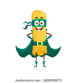 Cartoon casarecce italian pasta food superhero character. Isolated vector quirky super hero defender personage with superpowers, stand in confident pose ready to fight hunger and bring joy to dinner