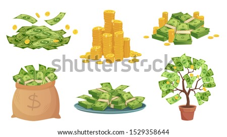Cartoon cash. Green dollar banknotes pile, rich gold coins and pay. Cash bag, tray with stacks of bills and money tree. Wealth savings or investment isolated vector illustration icons set