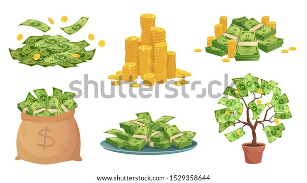 漫画の現金 緑のドル紙幣の山 金貨 お金 現金袋 札束とお金の木が積み重なったトレイ 富の節約または投資分離型ベクターイラスト アイコンセット のベクター画像素材 ロイヤリティフリー