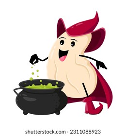 Cartoon cashew nut wizard and sorcerer character. Isolated vector funny enchanter wear Halloween cloak and pointy hat cooking potion in cauldron. Jovial magician personage with enchantment magical pot