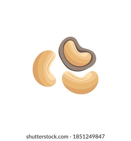 Cartoon Cashew Nuts With And Without Shell - Peeled And Unpeeled Cashews Isolated On White Background. Kernel Inside Half Cut Nutshell, Vector Illustration.