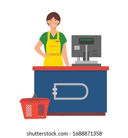 Cartoon cashier at the supermarket at the counter with cash register, character for children. Flat vector illustration