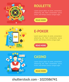 Cartoon Casino Banner Horizontal Set Symbol Gambling Game Risk and Fortune Flat Design Style. Vector illustration