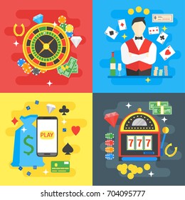 Cartoon Casino Card Set Symbol Gambling Game Risk and Fortune Flat Design Style. Vector illustration