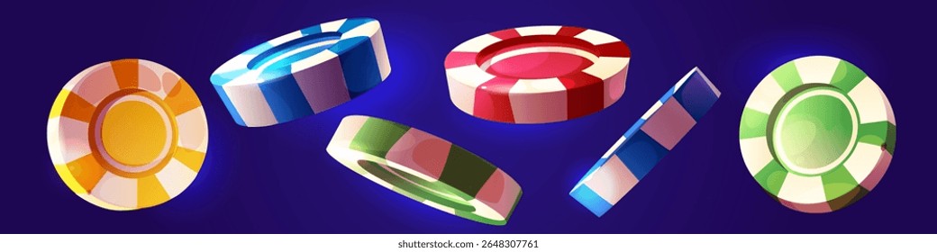 Cartoon casino chips collection on dark background - colorful glossy striped poker tokens in yellow and blue, red and green. Gaming currency in different angles for gambling app or Vegas themed design
