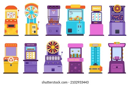 Cartoon casino gambling slot machines and fortune wheels. Racing arcade game, high striker and toy claw. Jackpot winning machine vector set. Illustration of casino entertainment machine