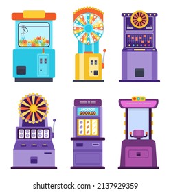 Cartoon casino gambling slot machines and spinning wheels. Devices for entertainment in casino and amusement parks. Equipment for gaming as toy claw, jackpot winning machine isolated set