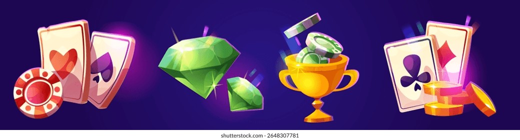 Cartoon casino game elements on purple bg - playing cards with red striped chip and gold coins stack, sparkling green diamonds, golden trophy cup filled with tokens. Gambling rewards for gaming ui.