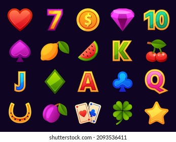 Juego de casino de dibujos animados e iconos de la máquina tragaperras de juegos. Elementos de la interfaz del bote, diamante, tarjeta, 7, corazón y moneda. Juego de vectores ganadores del casino. Ilustración de los iconos del juego de ranura del casino