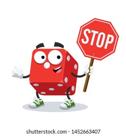 cartoon casino red dice cube mascot with tablet stop in hand on white background