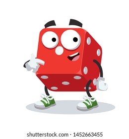 cartoon casino red dice cube mascot showing himself on a white background