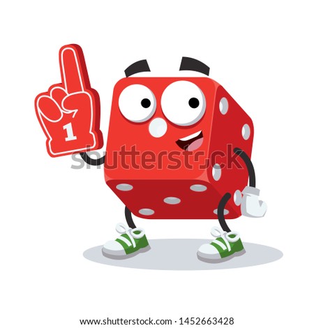 cartoon casino red dice cube character mascot with the number 1 one sports fan hand glove on a white background