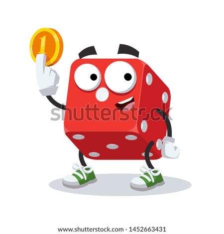 cartoon casino red dice cube mascot keeps the coin on white background