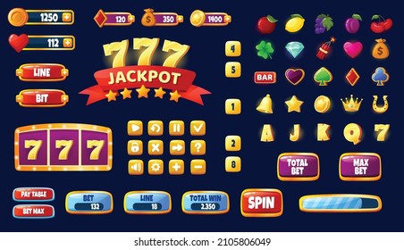 Cartoon casino slot machine mobile app game ui assets. Gambling games design interface elements, icons, buttons, progress bar vector set. Online spinning, having mobile entertainment