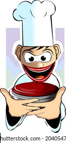 cartoon with a casserole in hands 	