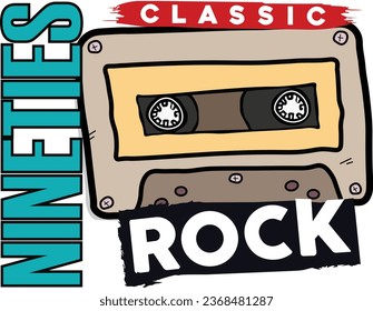 cartoon cassette tape draw isolated on transparent background and lettering words of Classic Rock Nineties. TShirt design cover 90's theme