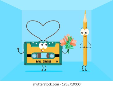 Cinta de cassette de dibujos animados que da flores al personaje del lápiz. Utilizar la pluma como herramienta para rebobinar manualmente la ilustración de un vector plano del carrete. Nostalgia, diseño retro, concepto de amor