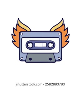 Cartoon Cassette Tape Illustration with Dynamic Fire Effects