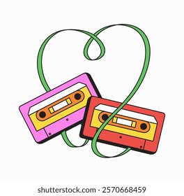 cartoon cassette tapes intertwined with a playful green ribbon and shaping love sign in cartoon illustration hand drawn perfect for music lover