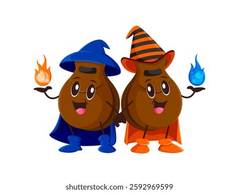 Cartoon castanets Halloween mage and wizard characters. Isolated vector funny percussion music instruments of Latin America in witch clothes with magic fireballs in hands. Spanish culture personages