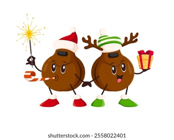 Cartoon castanets musical instrument characters enjoy festive Christmas winter holiday with gifts and fun decoration. Vector personages with sparker and present box bringing joy to Xmas celebrations