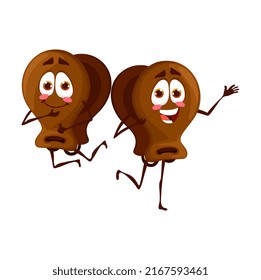 Cartoon castanets twins characters, isolated vector funny percussion music instruments of Latin America. Spanish culture, art and tradition personages dancing flamenco. Brown wooden castanets friends