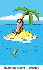 Cartoon of castaway on a desert island. bottle in the sea