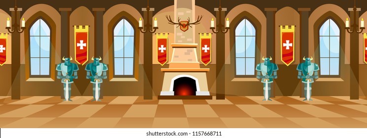 Cartoon Castle Background With Fireplace, Knights And Empty Hall. Vector Illustration.