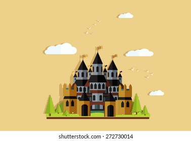 cartoon castle background with trees. Vector flat illustrations