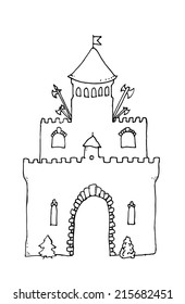 Cartoon castle. Black lines on white background. Vector illustration. 