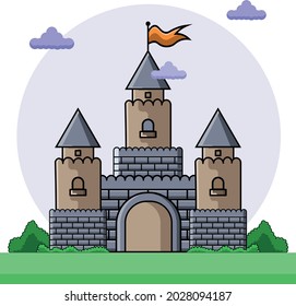 Cartoon castle with bushes and clouds around it vector illustration 