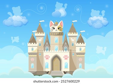 Cartoon castle with a cat theme in a whimsical sky. Vector illustration