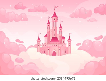 Cartoon castle in clouds. Heavenly castles princesses pink cloud sky, princess home magic kingdom landscape dream house flying heaven, game background ingenious vector illustration of castle on heaven