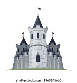 cartoon castle with flags. Fantasy building of kingdom tower. Vector