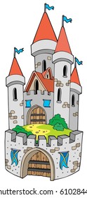 Cartoon castle with fortification - vector illustration.